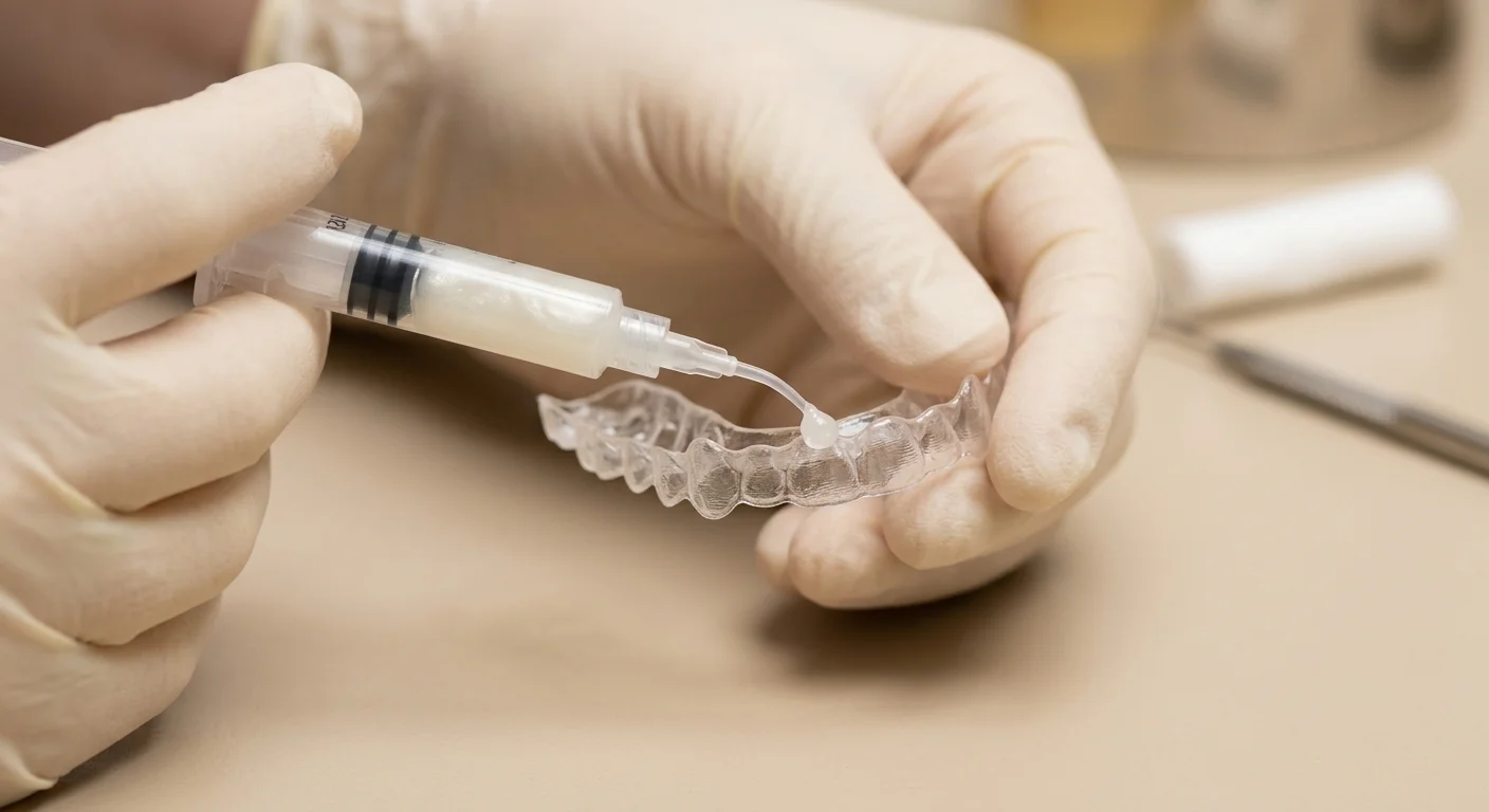 Carga del gel blanqueador en la férula a medida del tratamiento ambulatorio