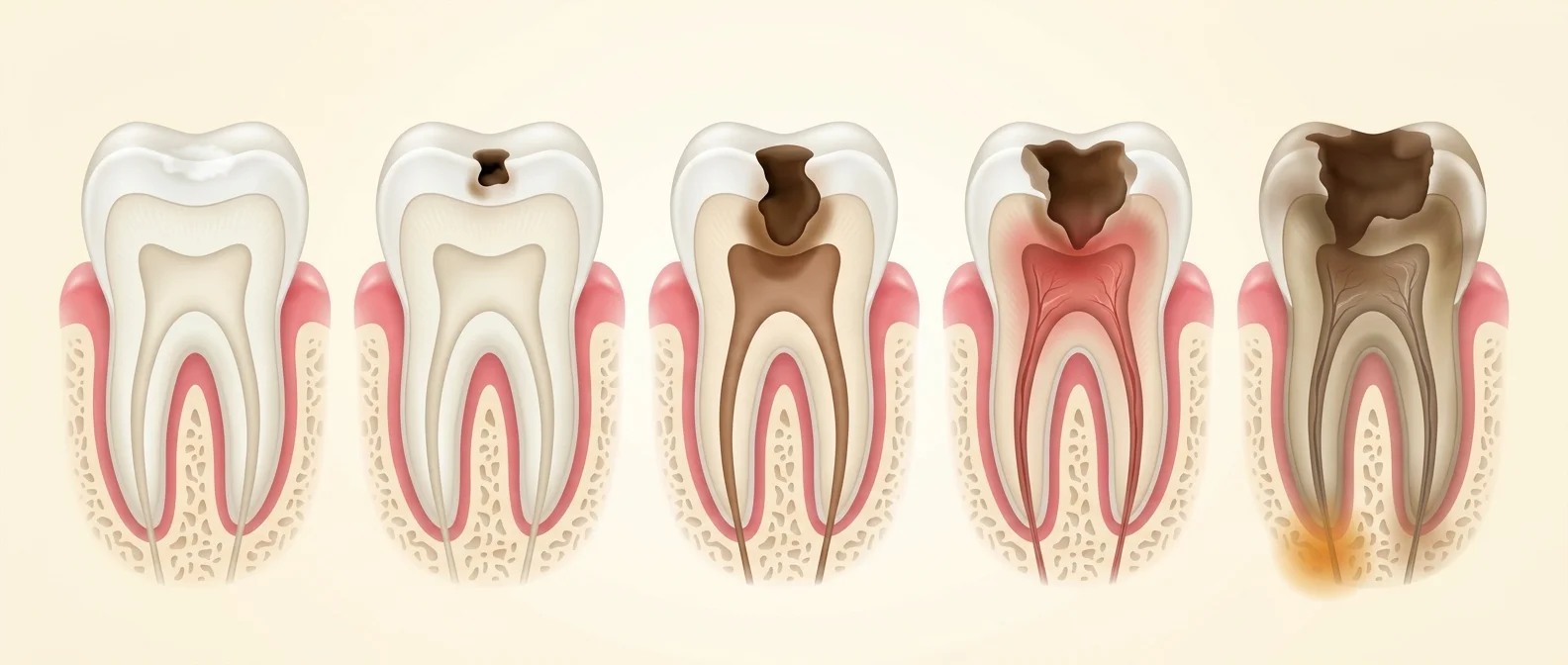 Progresión de la caries en una muela desde la mancha blanca hasta la infección del nervio