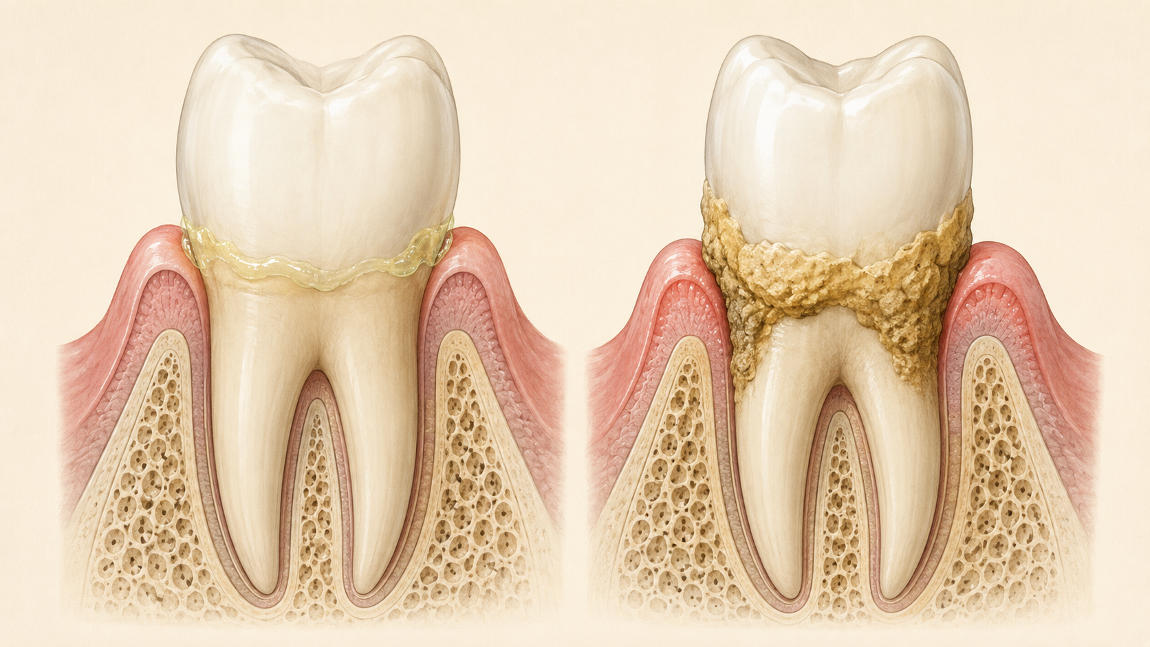 Diferencia entre placa dental blanda y sarro mineralizado adherido al diente