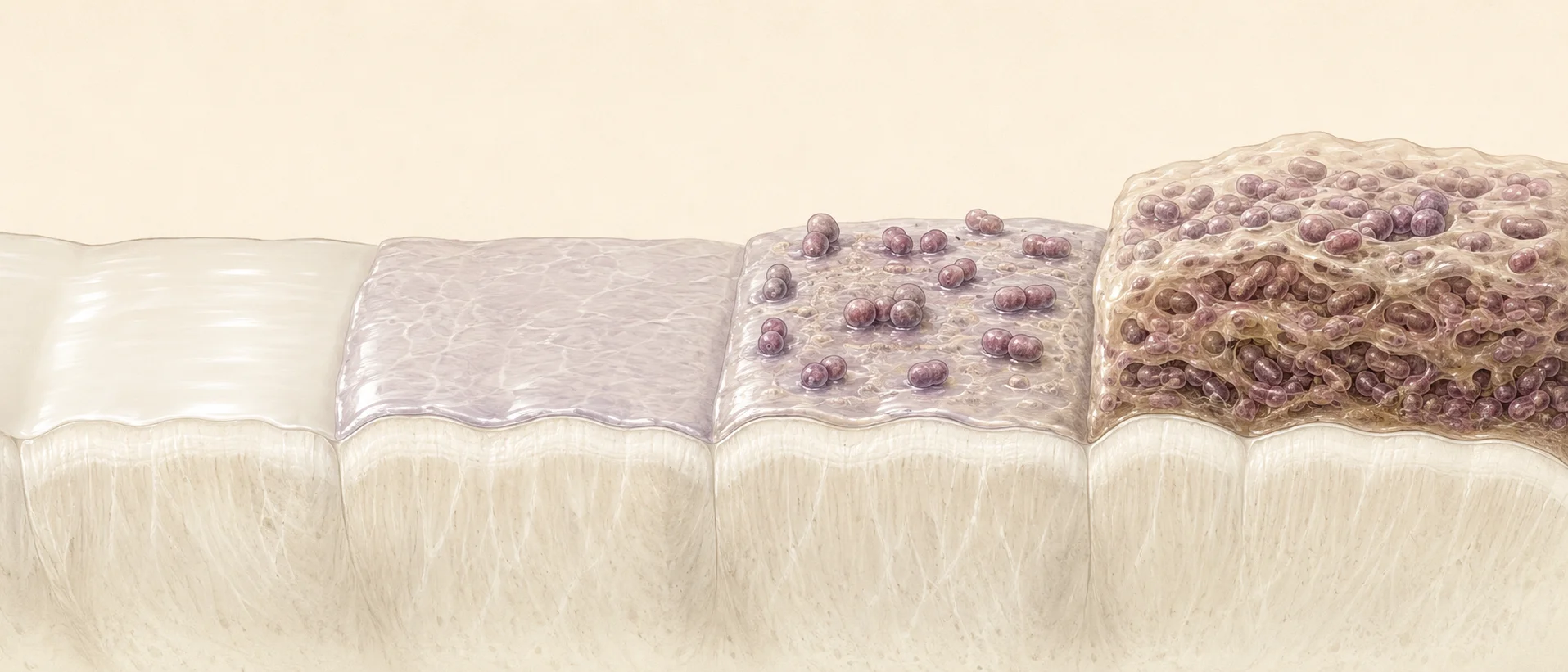 Formación del biofilm dental desde el esmalte limpio hasta la placa madura con matriz protectora