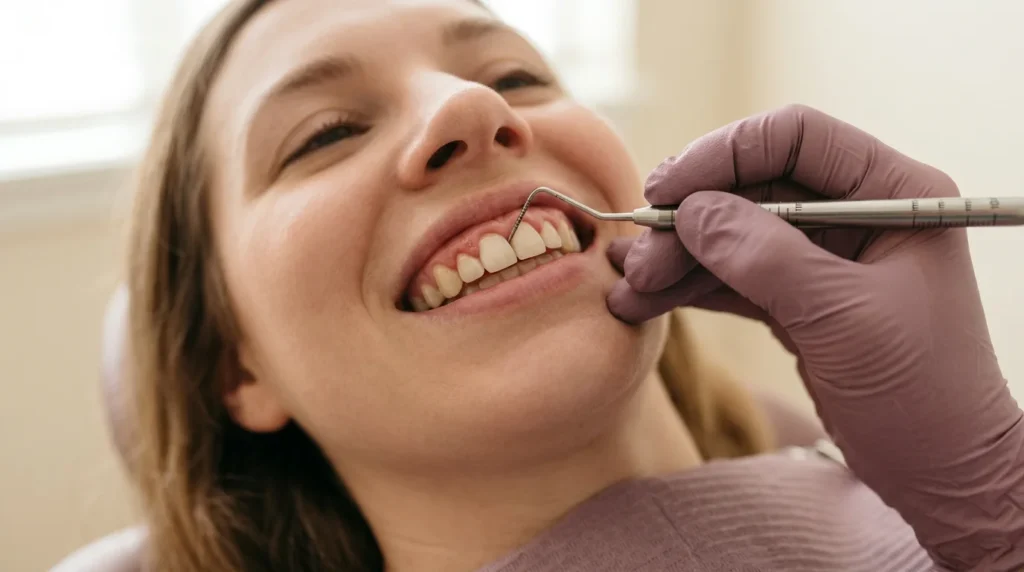 Dentista revisando la encía de un paciente antes de una gingivectomía