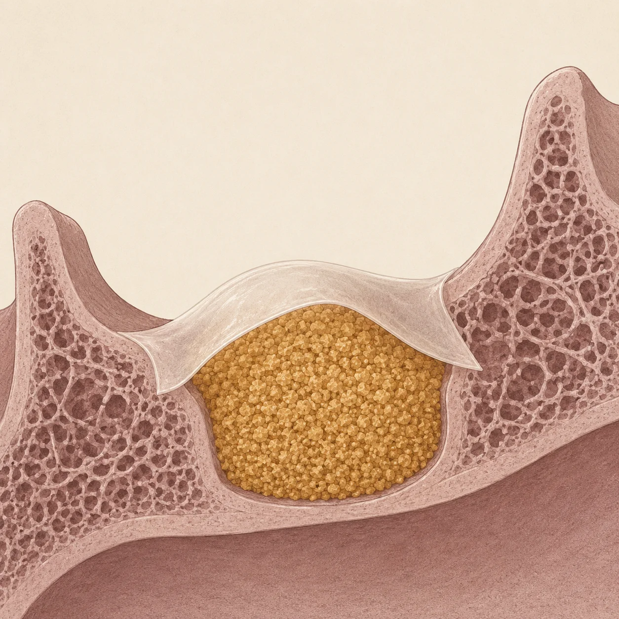 Sección de un injerto óseo dental con biomaterial granulado y membrana de regeneración ósea guiada
