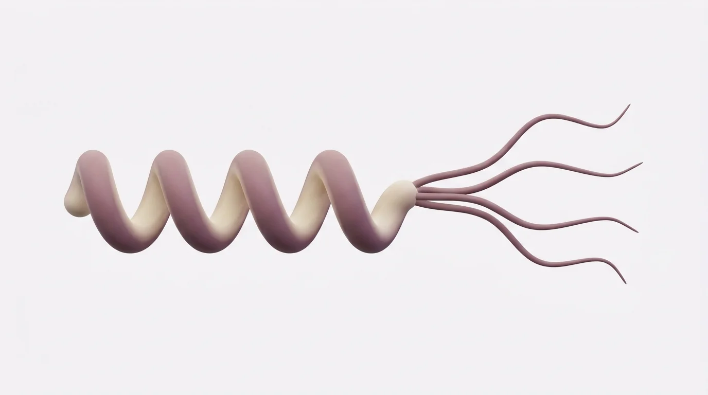 Ilustración de la bacteria Helicobacter pylori, con forma de espiral y flagelos en un extremo