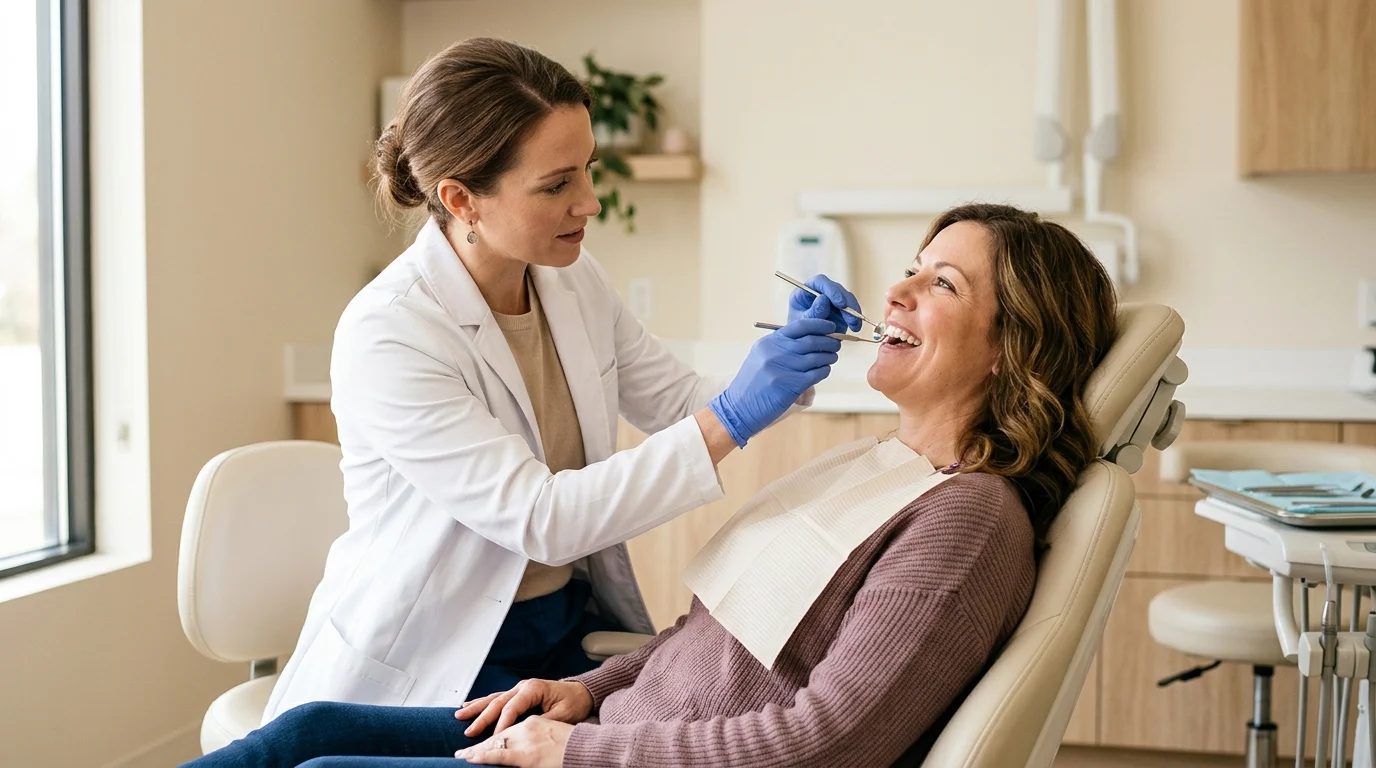Dentista revisando las encías de una paciente en la consulta